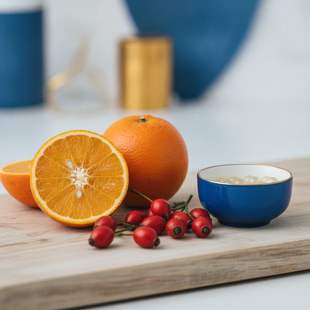 Appelsiineja ja ruusunmarjoja puisella alustalla - C-vitamiinin luonnonlähteet