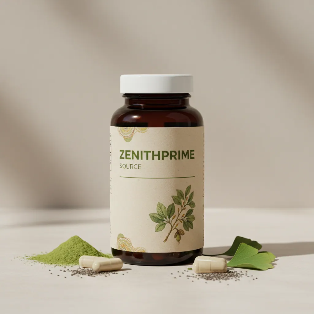 ZenithPrime Source -ravintolisäpullo, valkoinen aptyekkipullo, kapselit näkyvissä